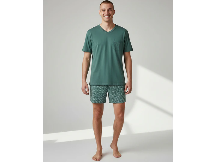Pijama de homem em algodão verde jade - calção estampado 1