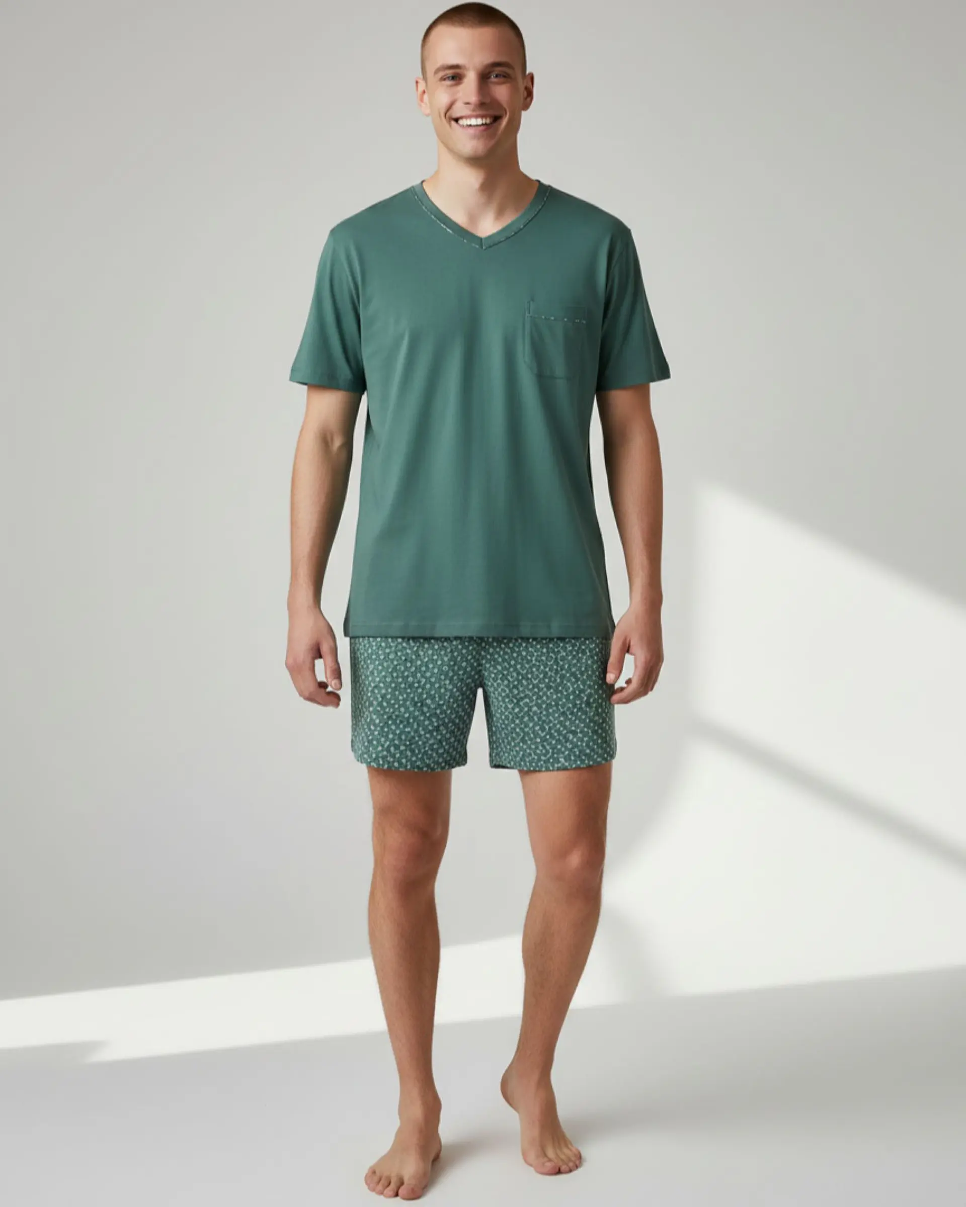 Pijama de homem em algodão verde jade - calção estampado 1