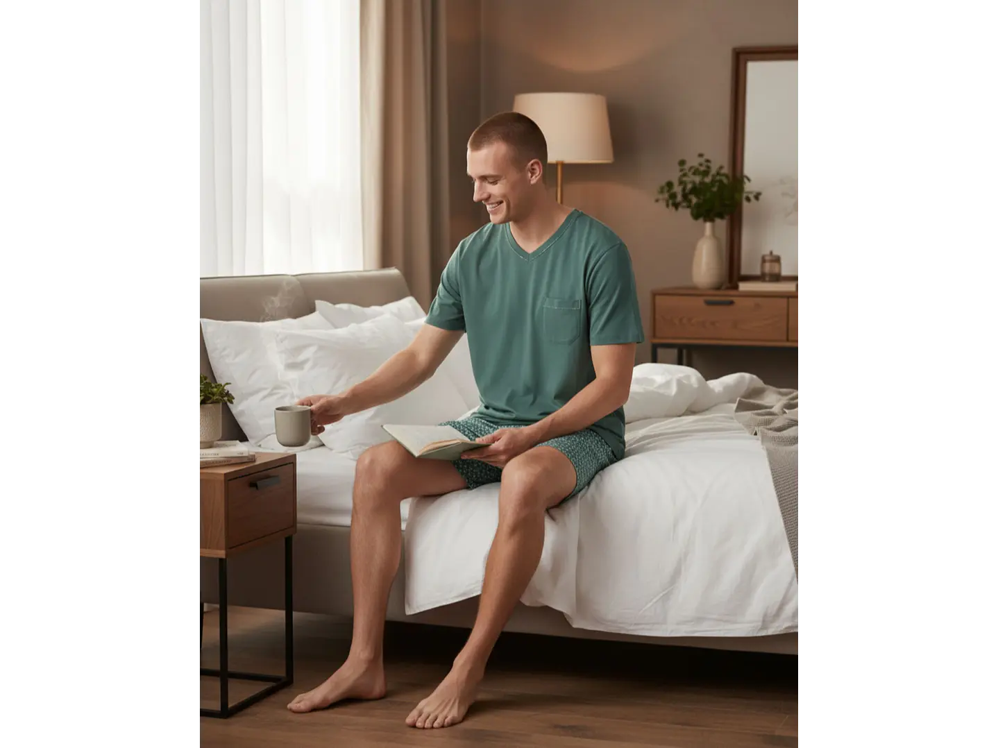 Pijama de homem em algodão verde jade - calção estampado 2