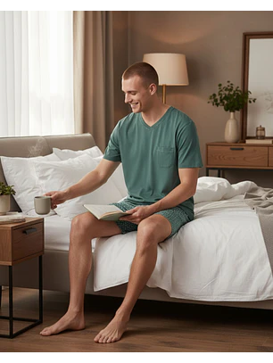 Pijama de homem em algodão verde jade - calção estampado