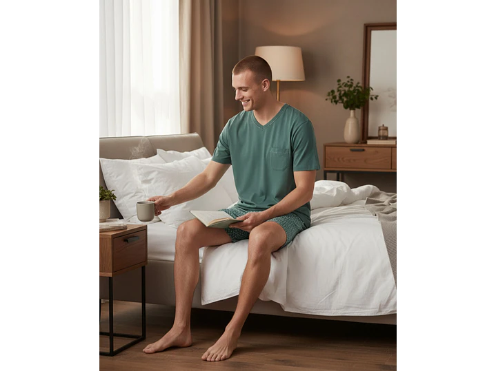 Pijama de homem em algodão verde jade - calção estampado 2