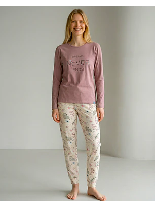 Pijama de Mulher Algodão Manga Comprida “Dreams Never Ends” com Calça Floral