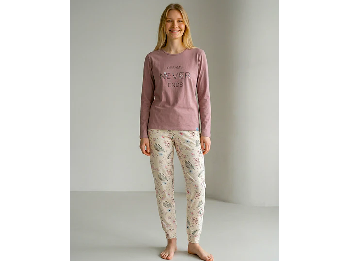 Pijama de Mulher Algodão Manga Comprida “Dreams Never Ends” com Calça Floral 1