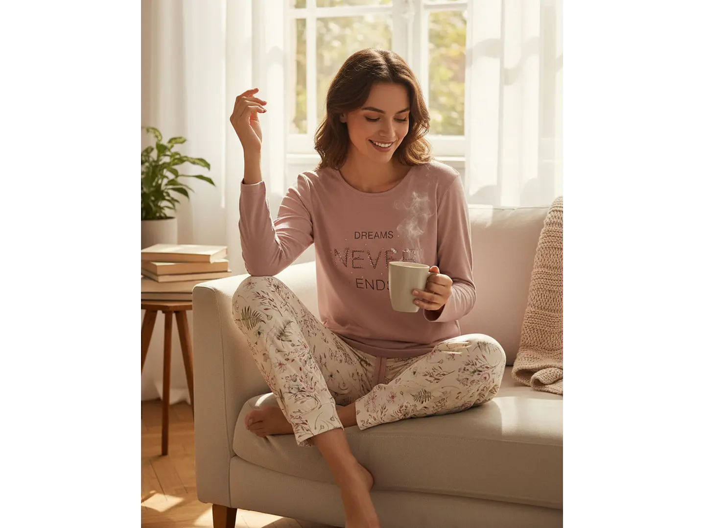 Pijama de Mulher Algodão Manga Comprida “Dreams Never Ends” com Calça Floral 2
