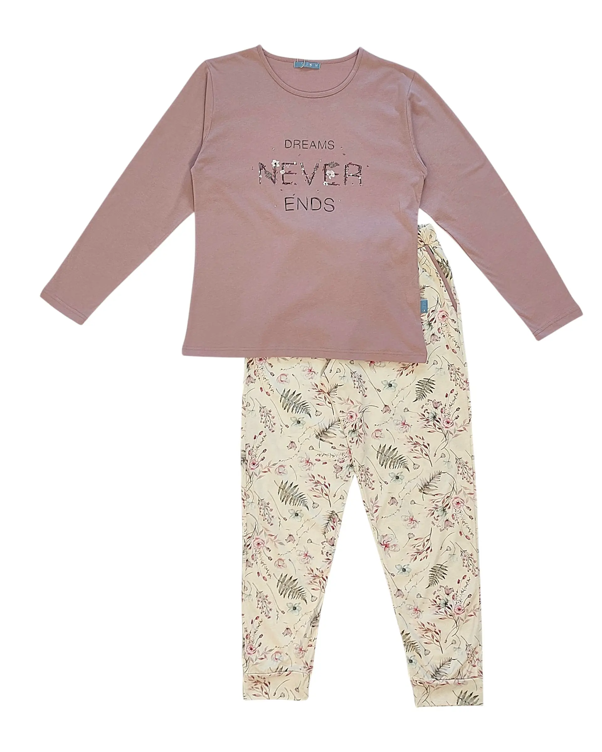 Pijama de Mulher Algodão Manga Comprida “Dreams Never Ends” com Calça Floral 4