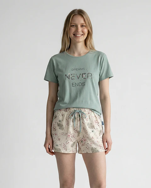 Pijama de Mulher Algodão Manga Curta “Dreams Never Ends” com Calção Floral