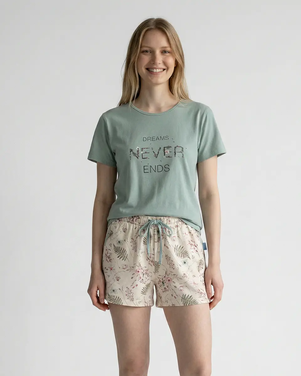 Pijama de Mulher Algodão Manga Curta “Dreams Never Ends” com Calção Floral 2