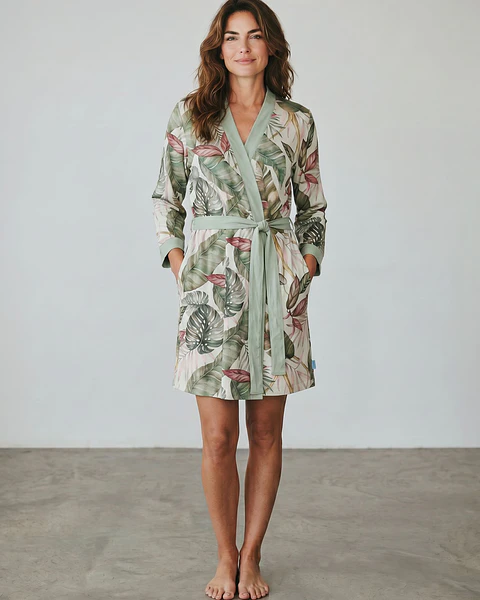 Robe de Traçar em Algodão Estampado Tropical com Bolsos e Cinto | Fabricado em Portugal