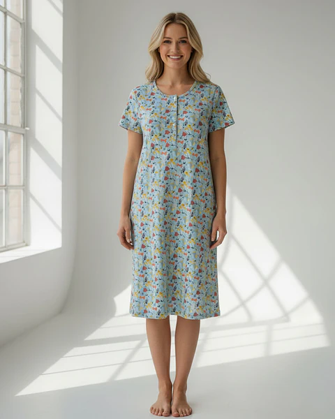 Camisa de Dormir Algodão com Abertura Frontal | Estampado Cogumelos Azul | Fabricado em Portugal