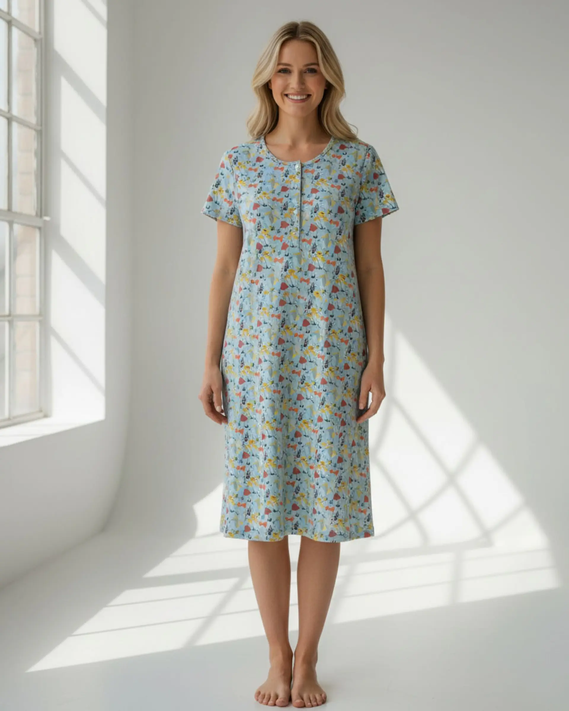 Camisa de Dormir Algodão com Abertura Frontal | Estampado Cogumelos Azul | Fabricado em Portugal 2