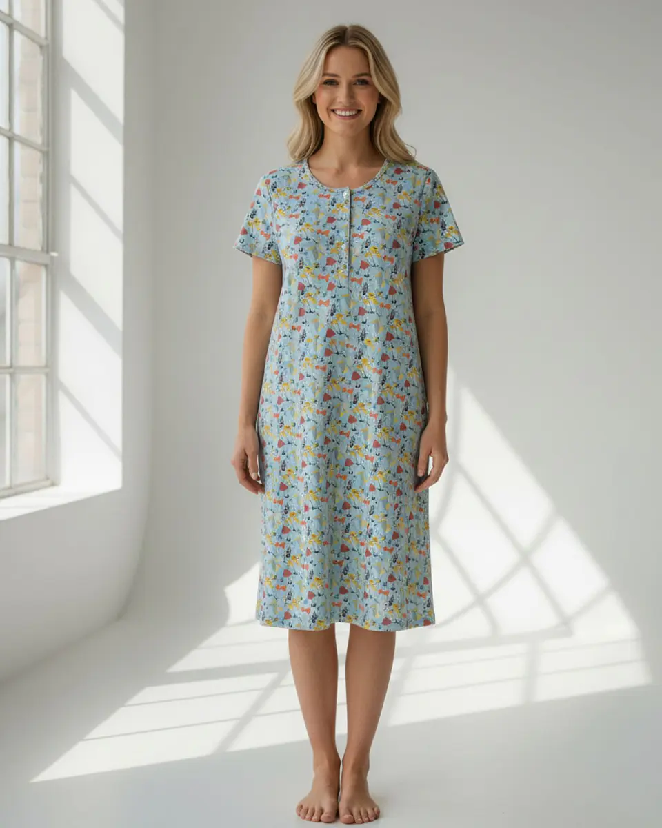 Camisa de Dormir Algodão com Abertura Frontal | Estampado Cogumelos Azul | Fabricado em Portugal 2