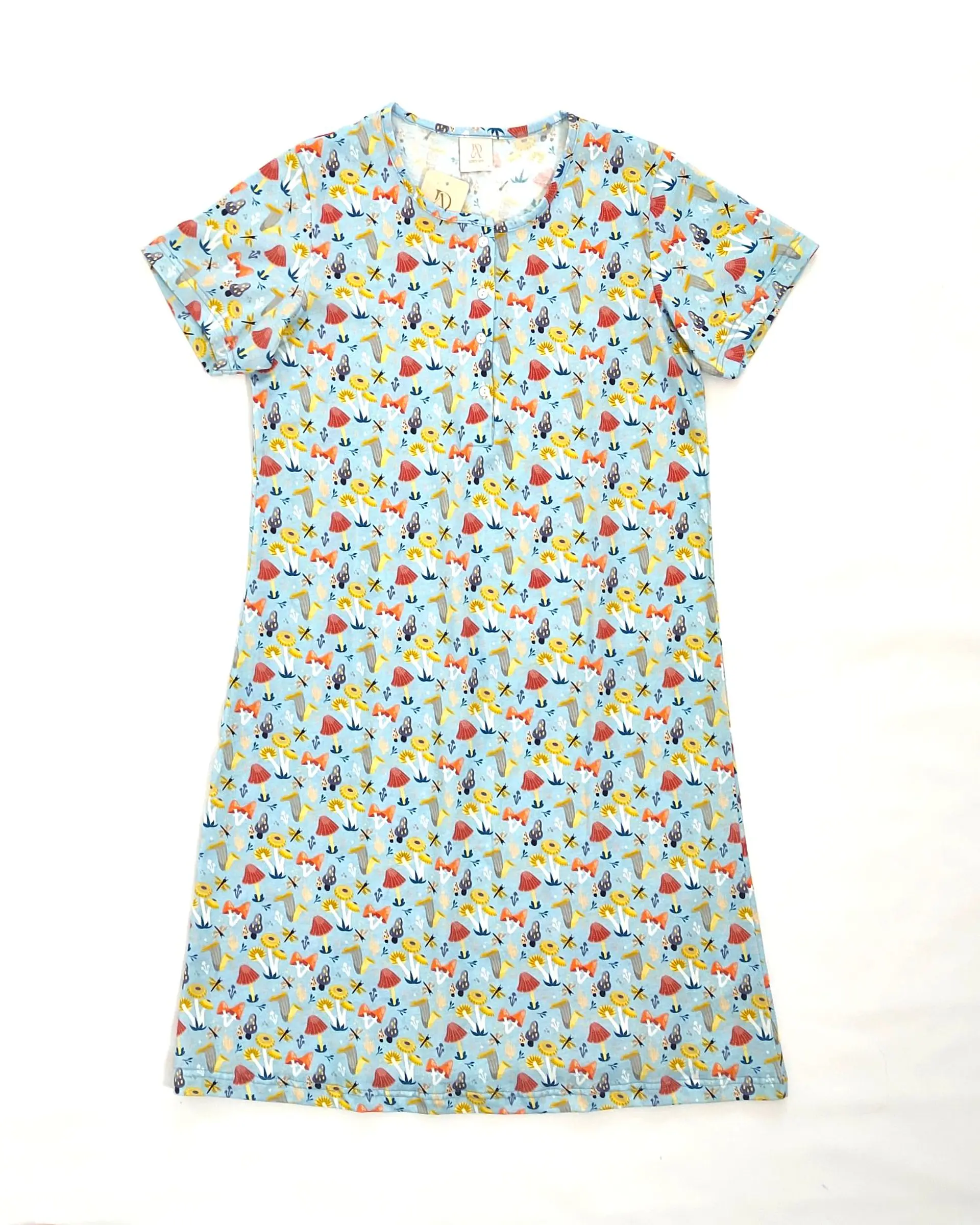 Camisa de Dormir Algodão com Abertura Frontal | Estampado Cogumelos Azul | Fabricado em Portugal 3