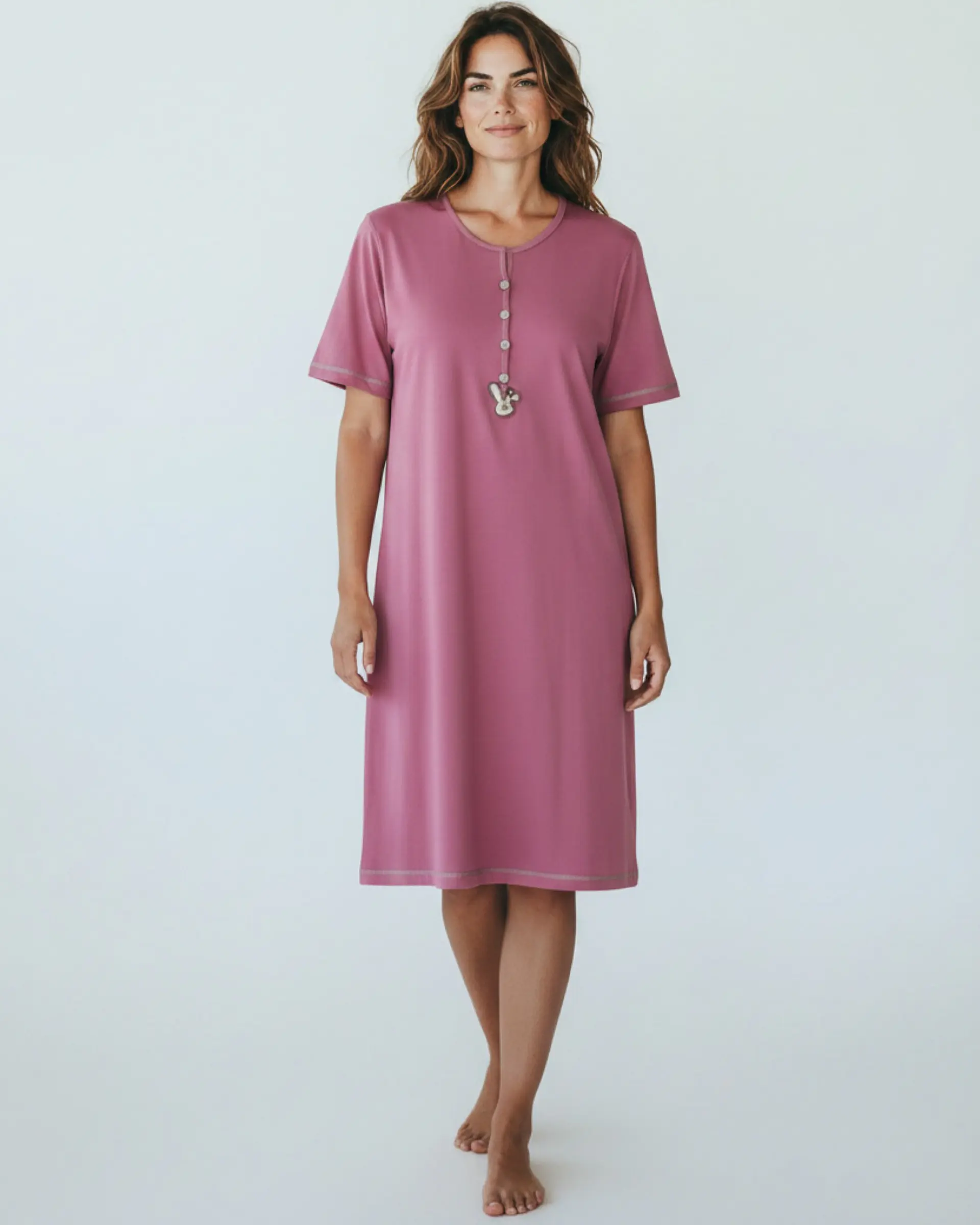 Camisa de dormir em algodão com abertura frontal - Rosa  1