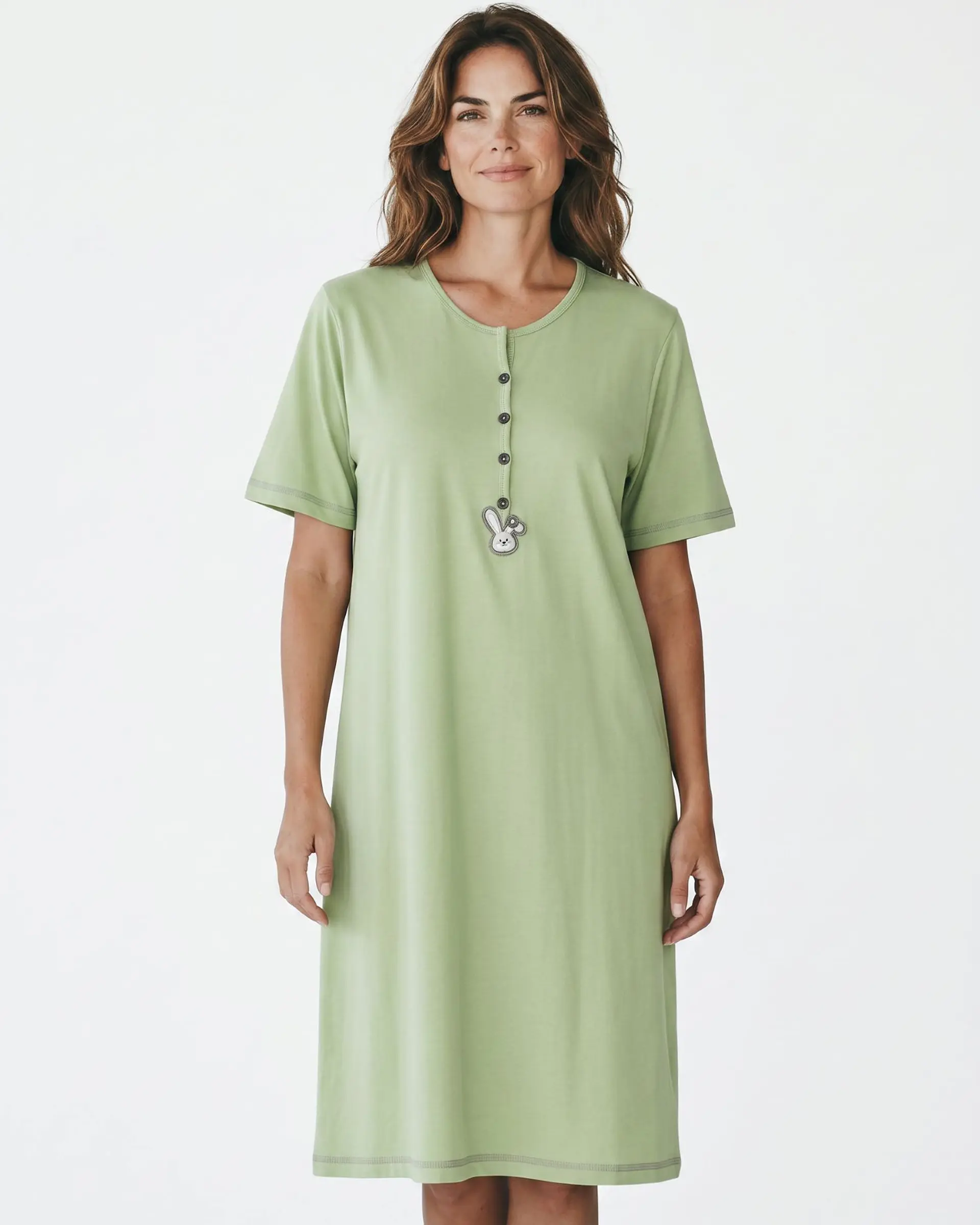 Camisa de dormir em algodão com abertura frontal - Verde 1