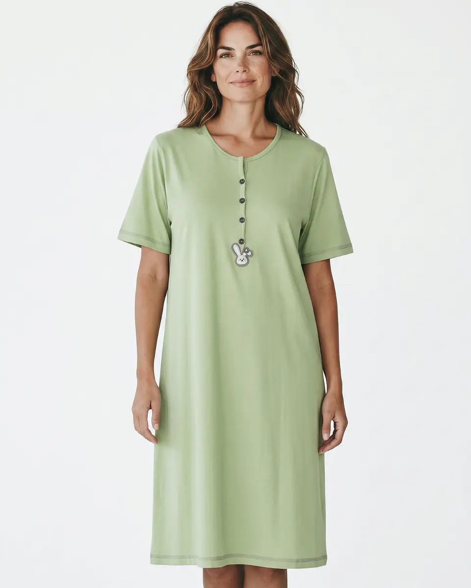 Camisa de dormir em algodão com abertura frontal - Verde 1