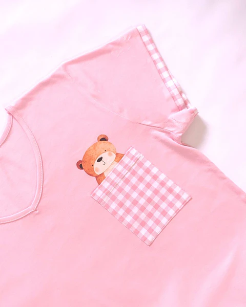 Pijama de Mulher em Algodão Rosa com Calção aos Quadrados
