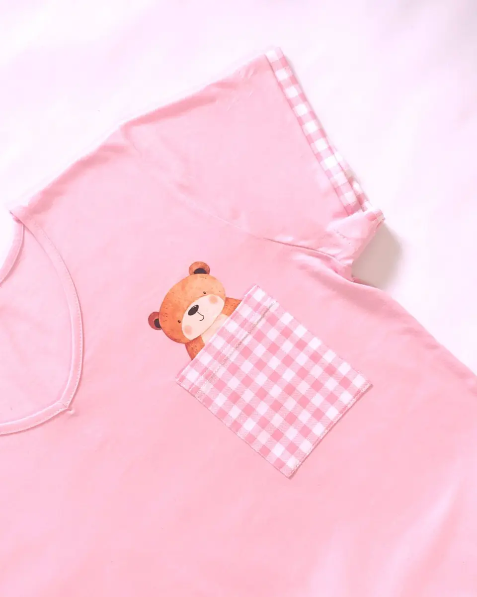Pijama de Mulher em Algodão Rosa com Calção aos Quadrados 2