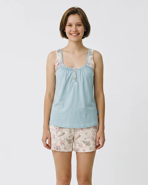 Pijama de Mulher com Alças e Calções Florais - Azul