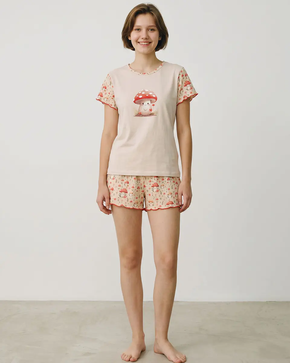 Pijama Curto de Mulher com Estampado de Cogumelos 1