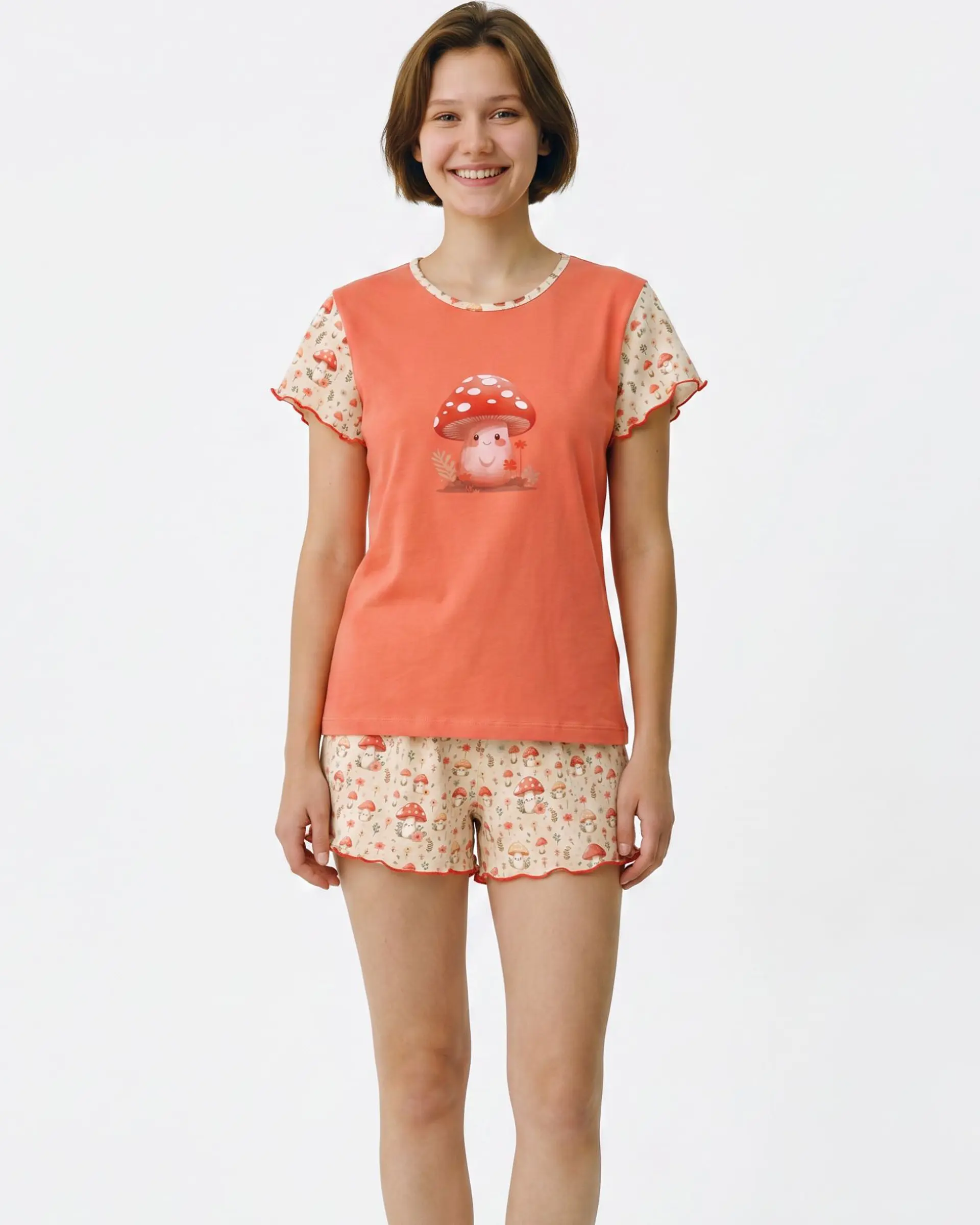 Pijama Curto de Mulher com Estampado de Cogumelos - salmão 1
