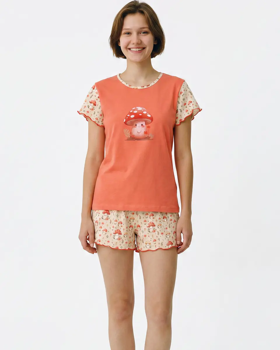 Pijama Curto de Mulher com Estampado de Cogumelos - salmão 1