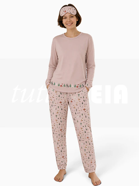 Pijama de Senhora 100% Algodão Cardado – Amigos da Floresta - rosa