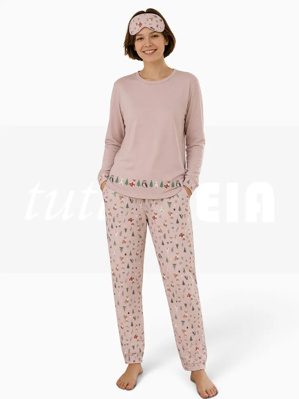 Pijama de Senhora 100% Algodão Cardado – Amigos da Floresta - rosa 1