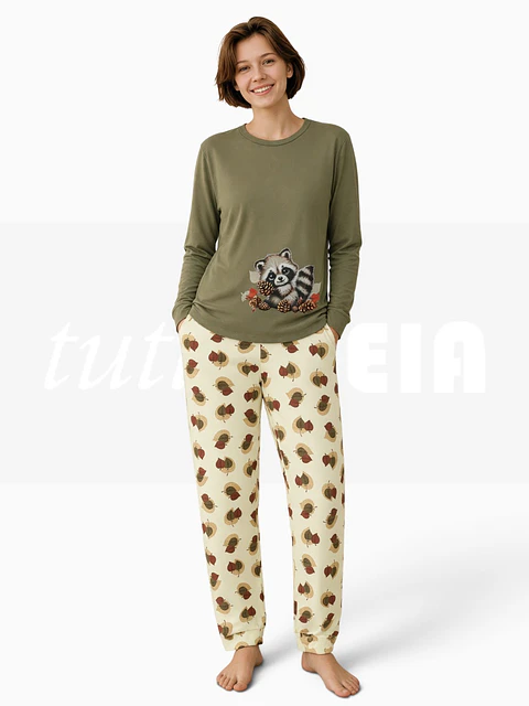 Pijama de Senhora com Guaxinim – Conforto e Charme de Outono - verde