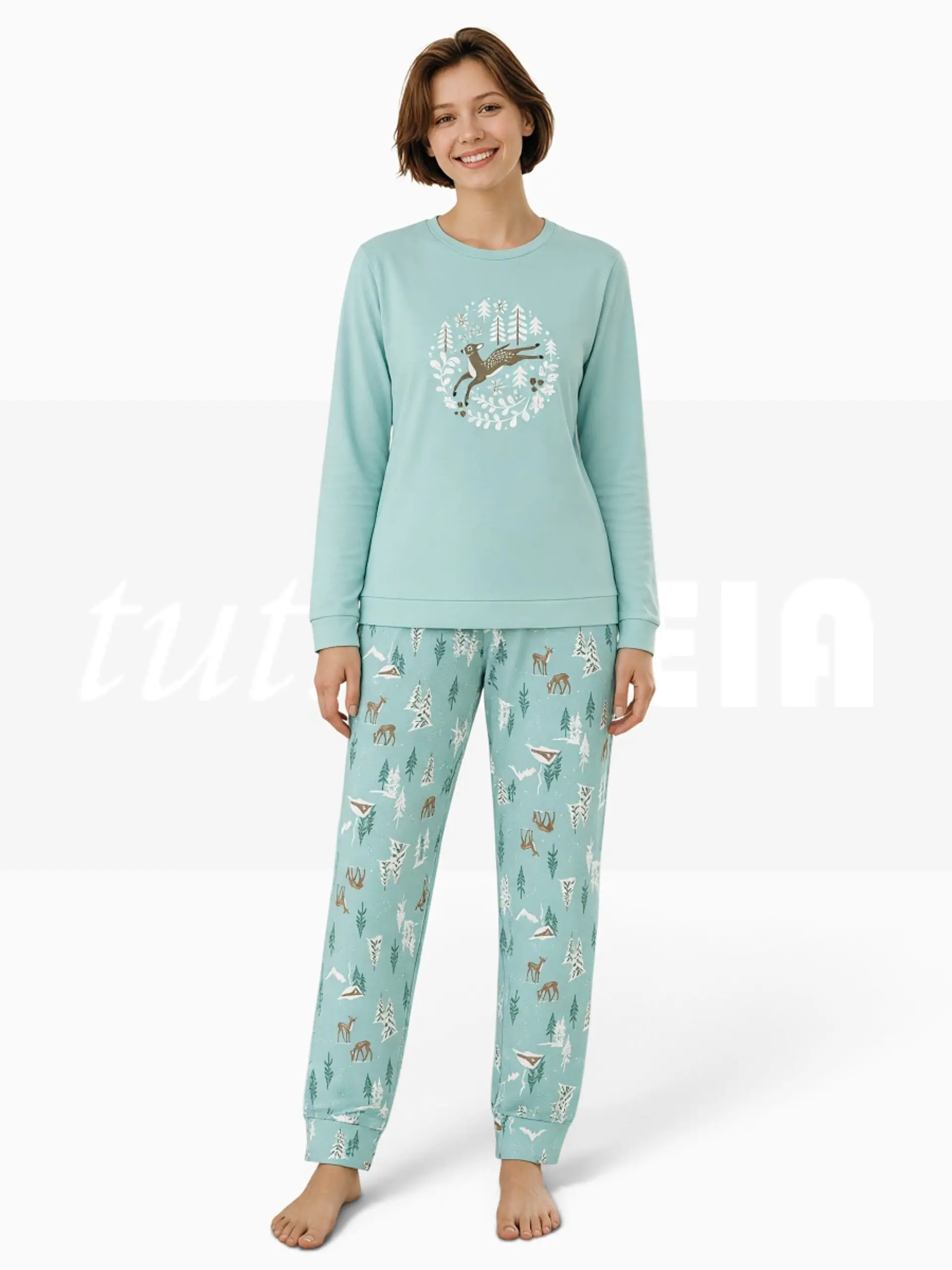 Pijama de mulher em algodão com calças estampadas 1