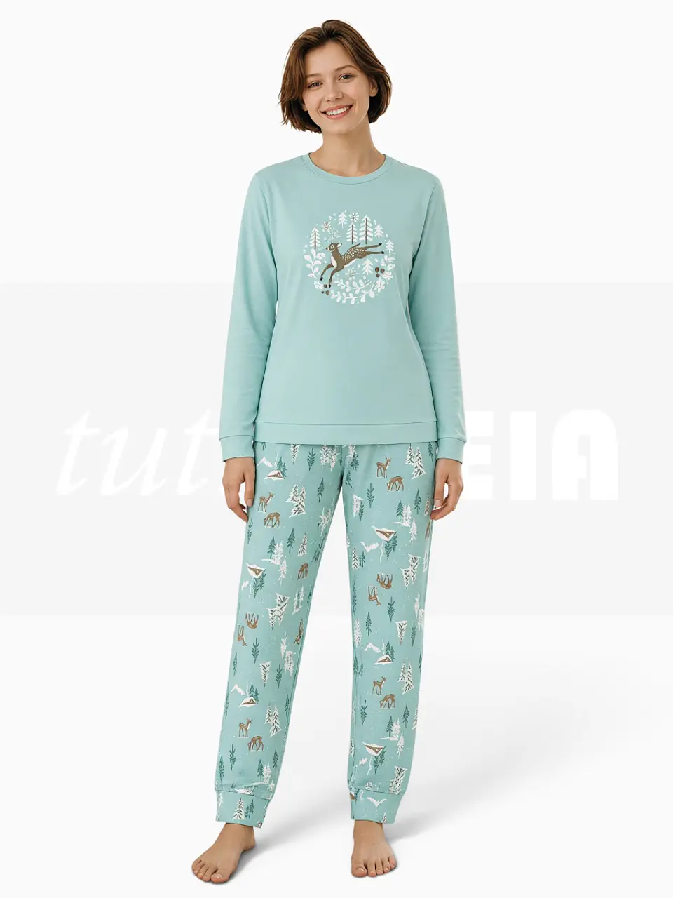 Pijama de mulher em algodão com calças estampadas 1
