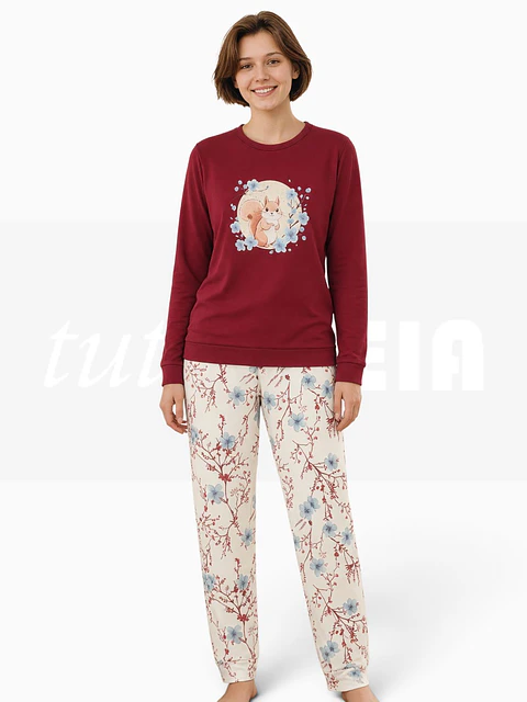 Pijama de mulher  "Esquilo"  - 100% algodão (com carda) cereja