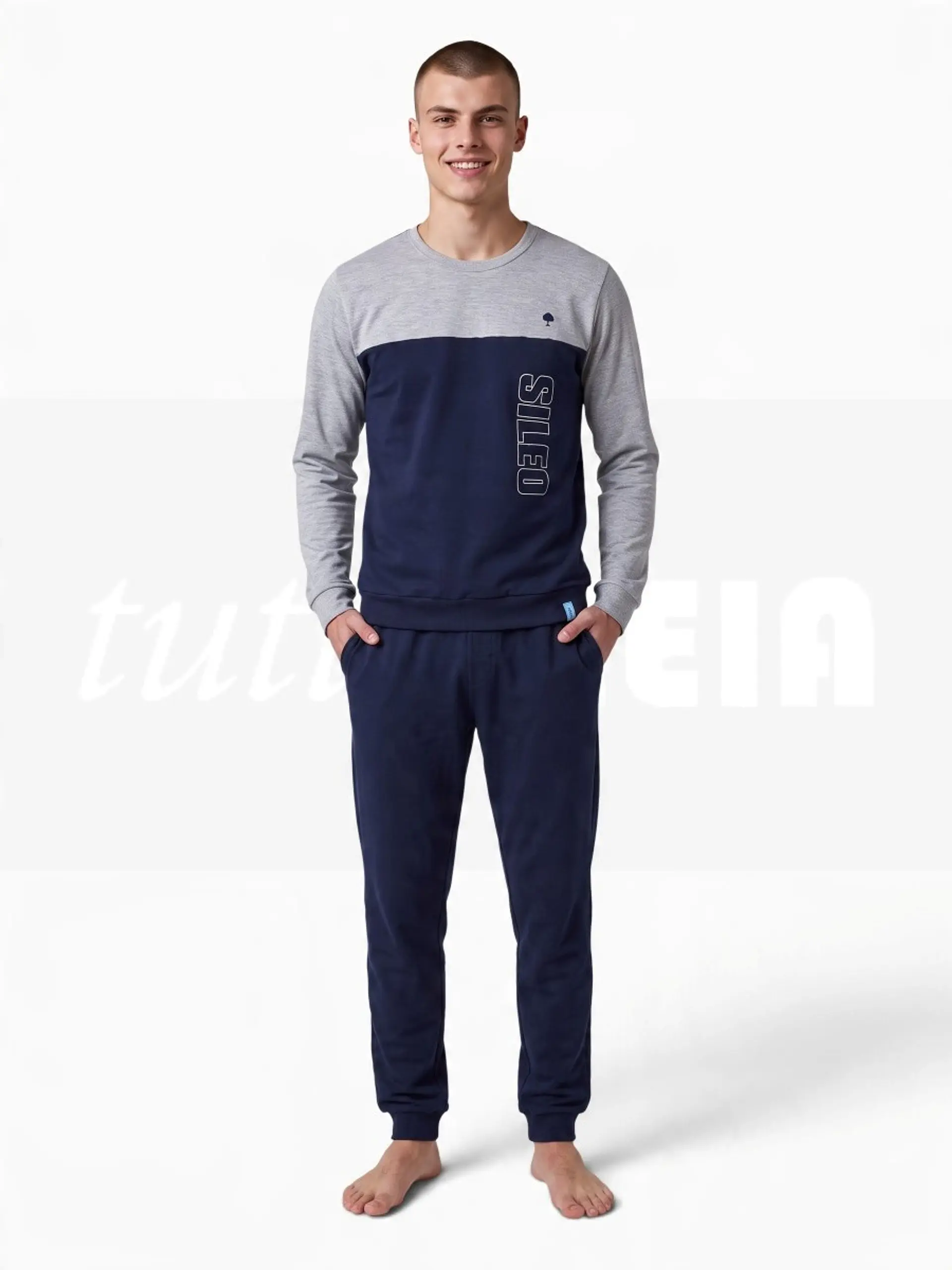 Pijama de homem 100% algodão (com carda) estilo desportivo - marinho 1