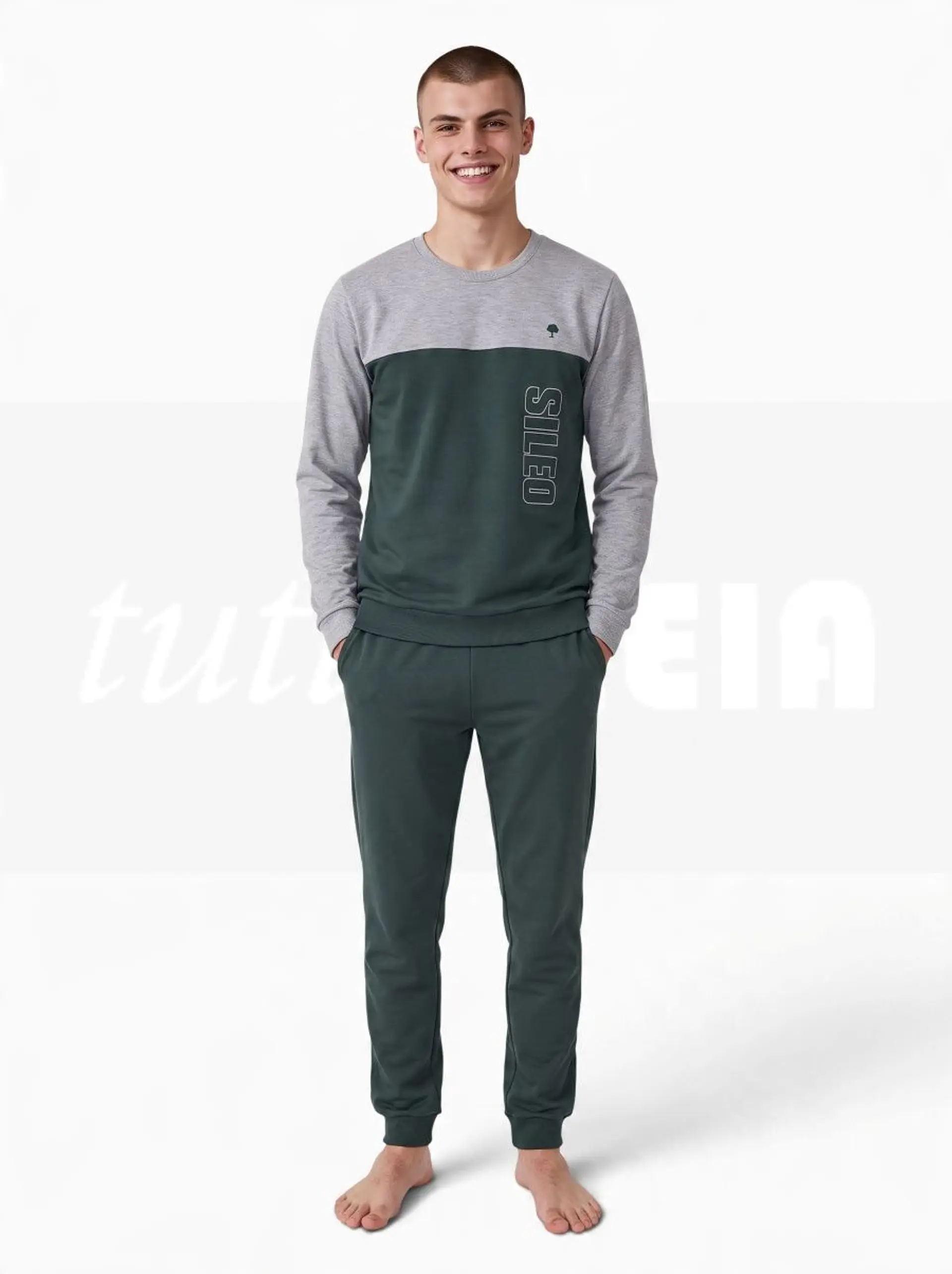 Pijama de homem 100% algodão (com carda) estilo desportivo - verde 1