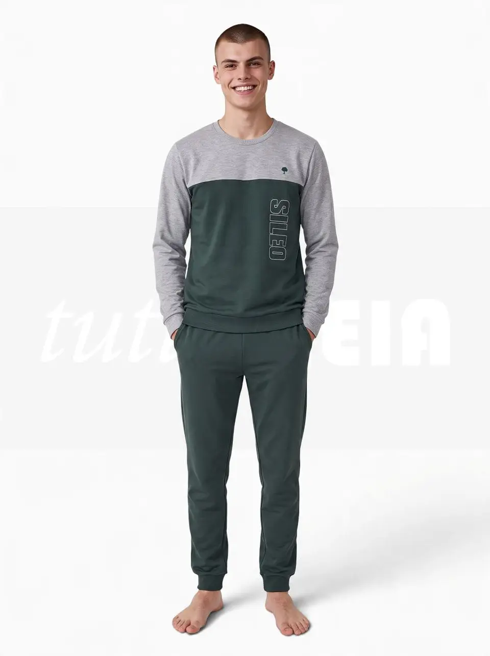 Pijama de homem 100% algodão (com carda) estilo desportivo - verde 1