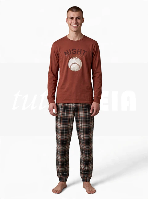 Pijama de homem 100% algodão (com carda) "Night Game" - cor telha 