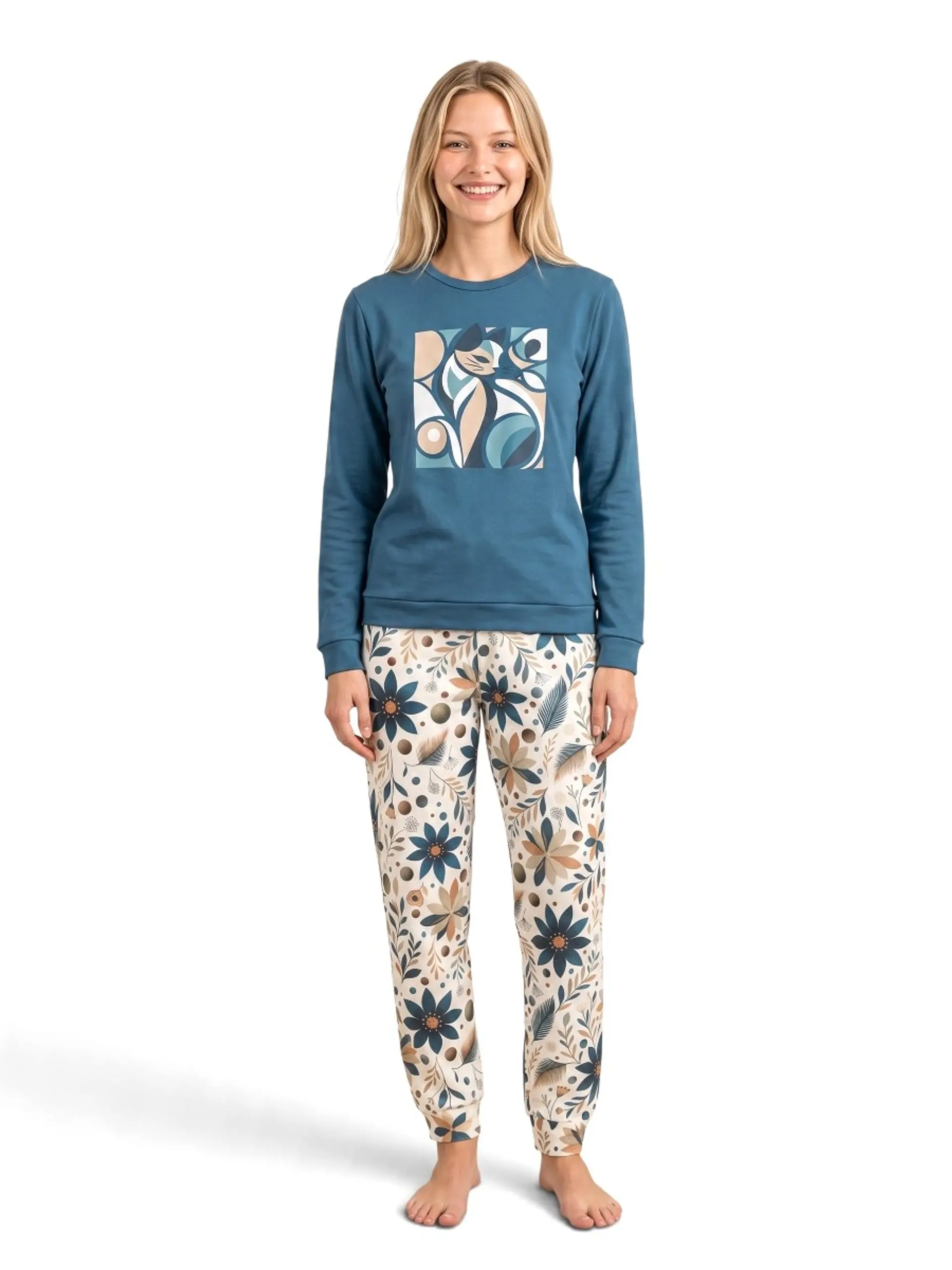 Pijama de Mulher 100% Algodão Cardado – Gato Artístico 1