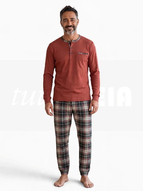 Pijama em algodão com calças ao xadrez - telha