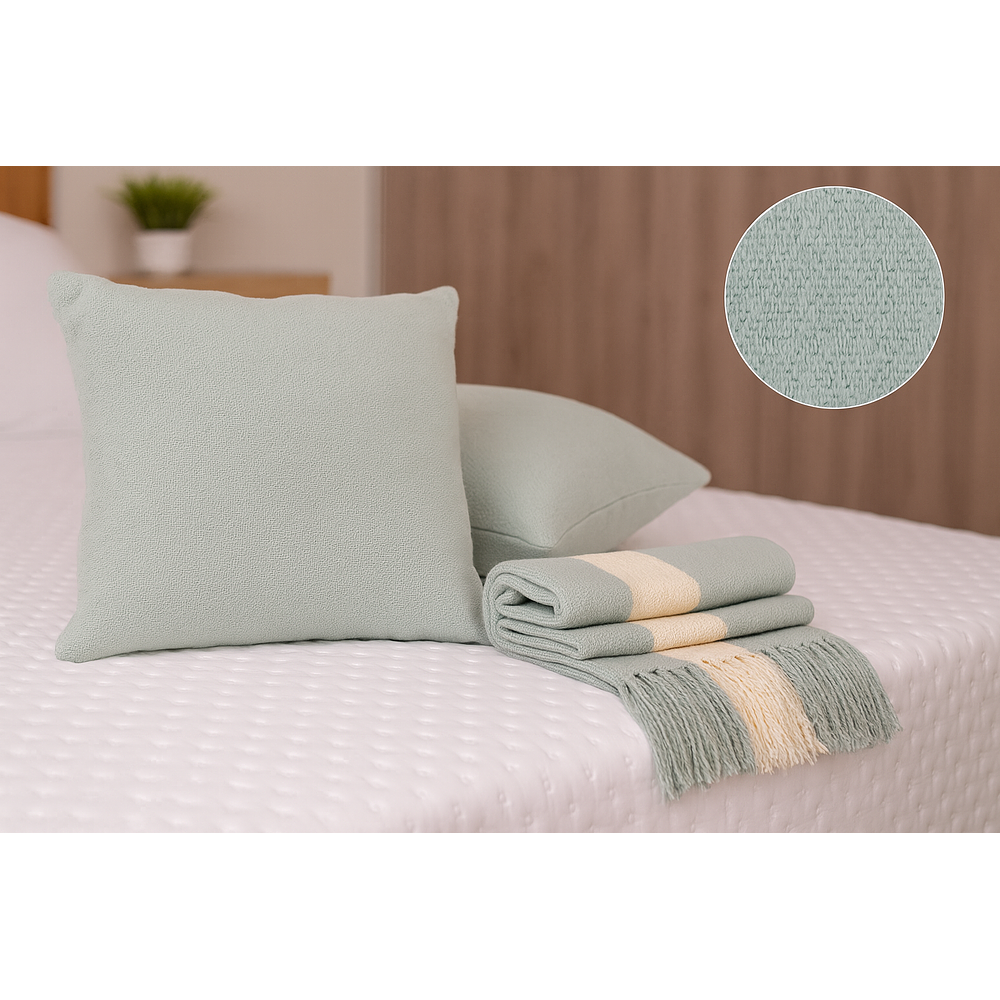 Pack de 3 Cojines tejidos a telar lana natural, Celeste menta.