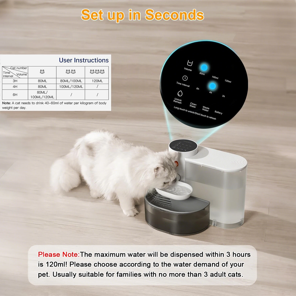 MJDZSW Fontanella dAcqua Intelligente Wireless 3L per Animali Domestici, Distributore Automatico Ultra Silenzioso e di Grande Capacità, Ideale per Gatti e Cani 5