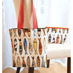Tote Bag Reversível Sardinhas Verticais - A cor da alça pode variar
