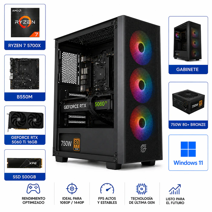PC Gamer 5700X / RTX 5060 TI 16G / 16gb Ram / B550M / SSD 500GB 1