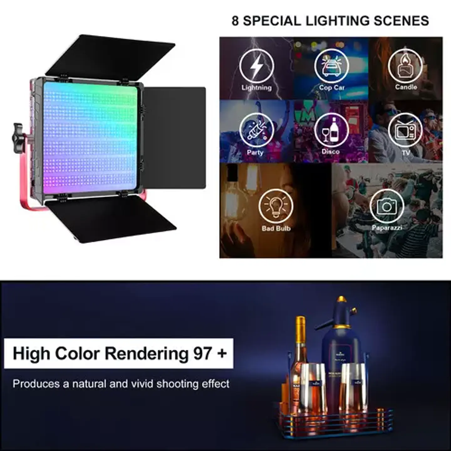 Juego de 3 luces Estudio Profesional GVM 1200D RGB Bicolor 5600k 2