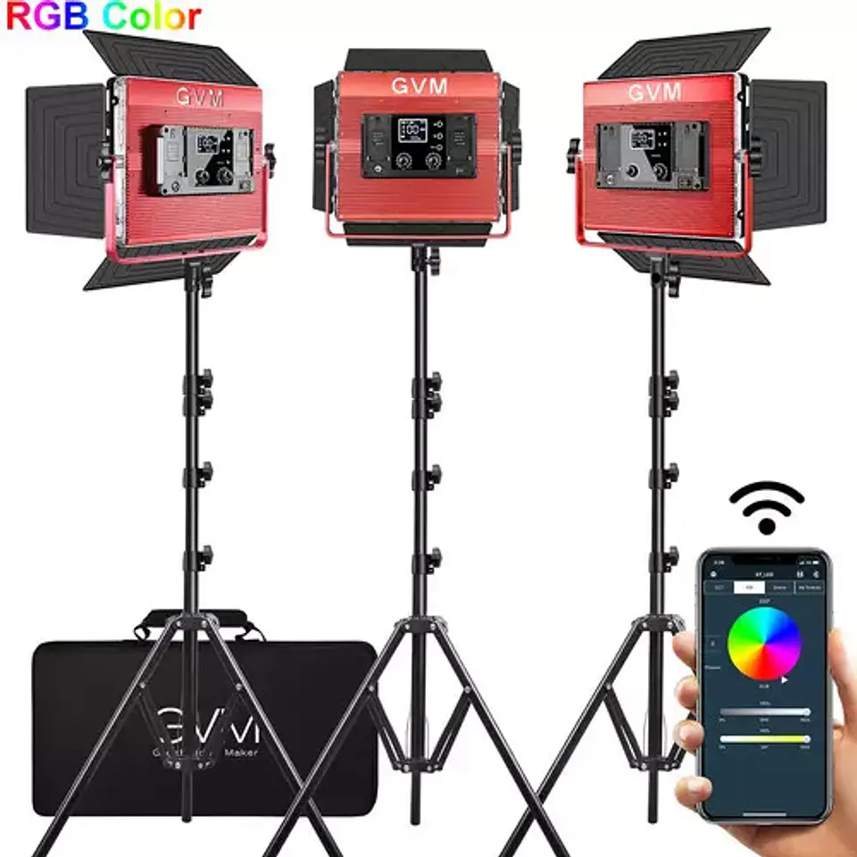 Juego de 3 luces Estudio Profesional GVM 1200D RGB Bicolor 5600k 1