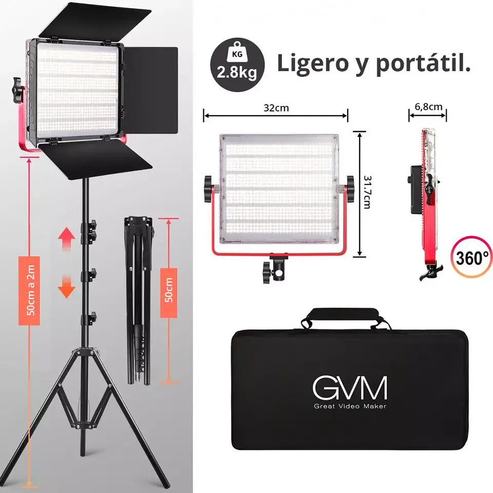 Juego de 3 luces Estudio Profesional GVM 1200D RGB Bicolor 5600k 3
