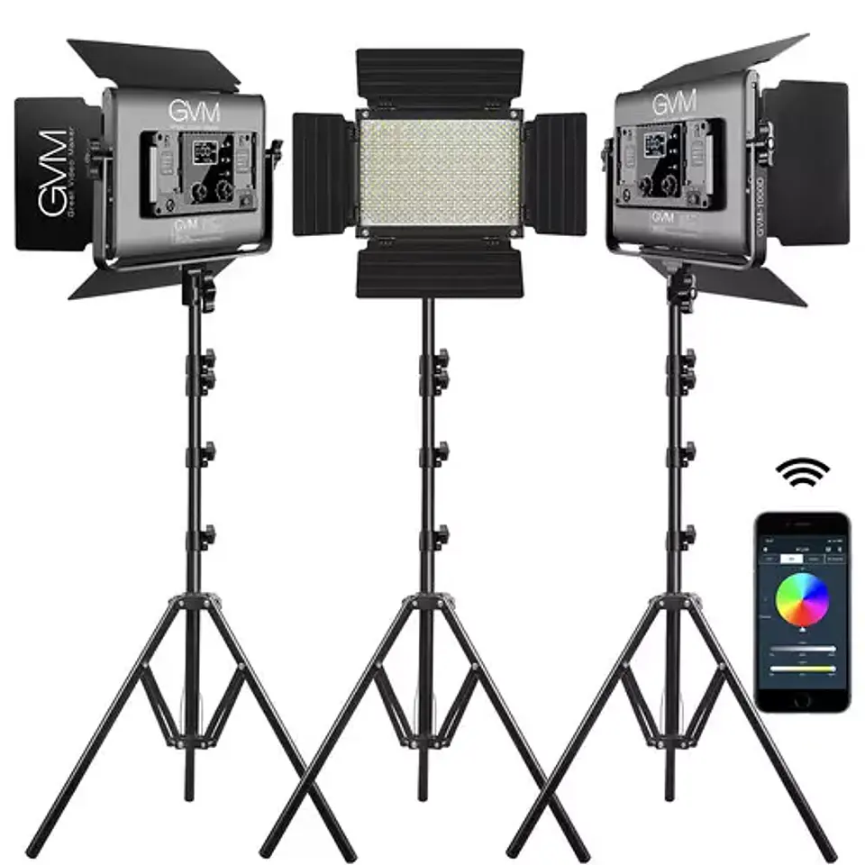 Juego de 3 luces Estudio Profesional GVM 1000D RGB 5600k con Softbox 1