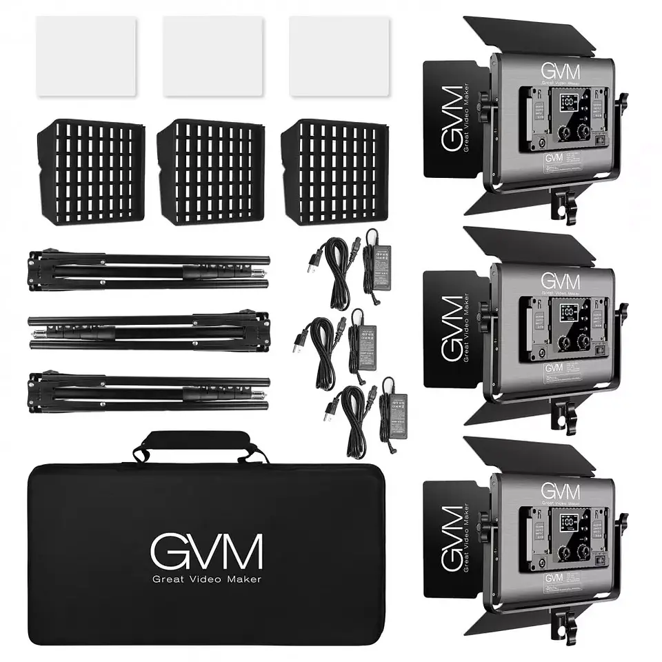 Juego de 3 luces Estudio Profesional GVM 1000D RGB 5600k con Softbox 2