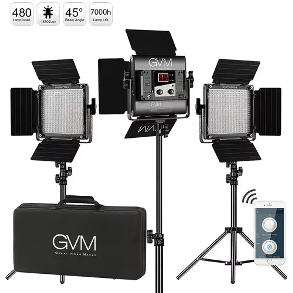 Juego de 3 luces LED Profesionales GVM 560AS Bicolor 5600k Softbox 1