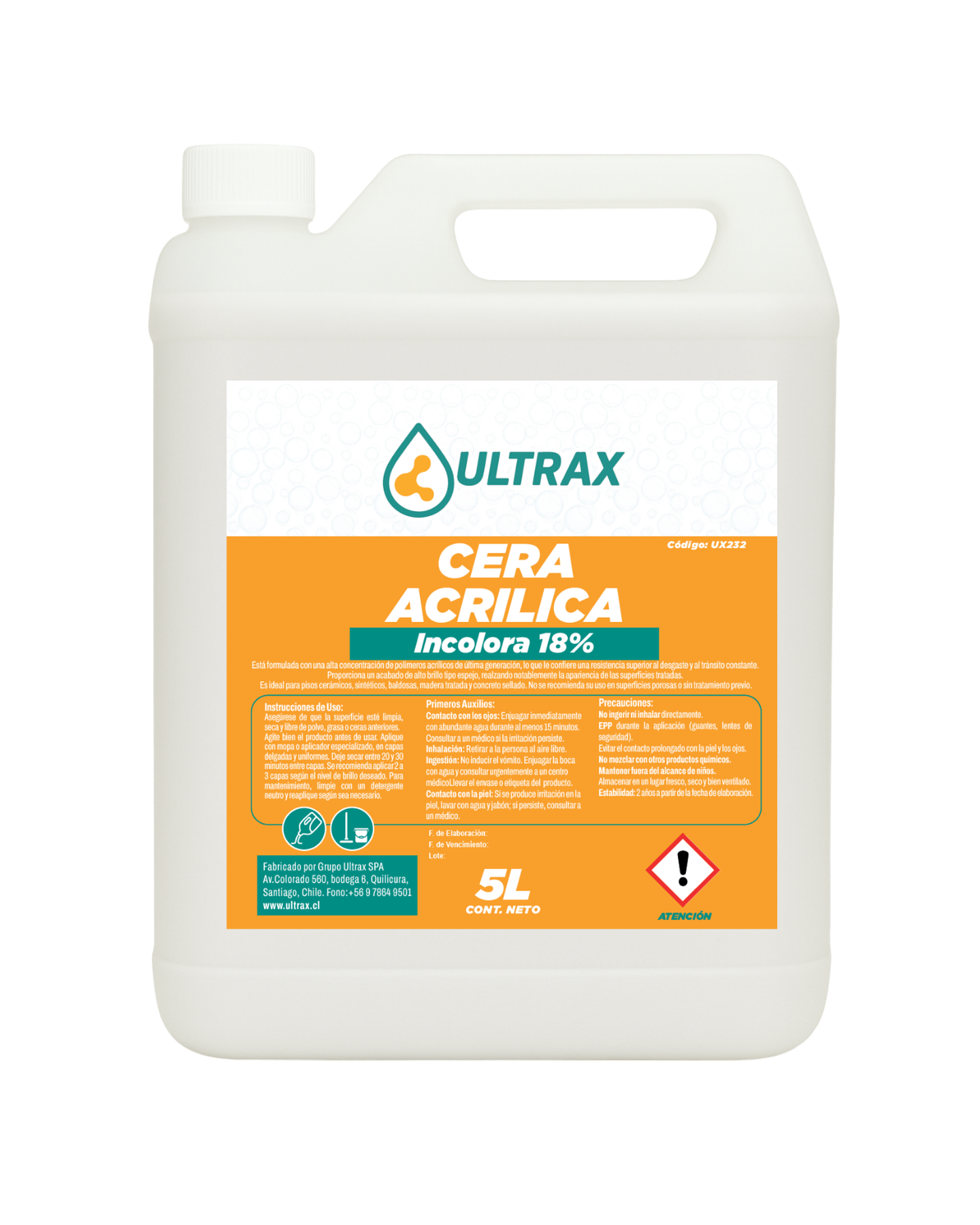 Cera Acrílica Incolora 18% ULTRAX 5L 1
