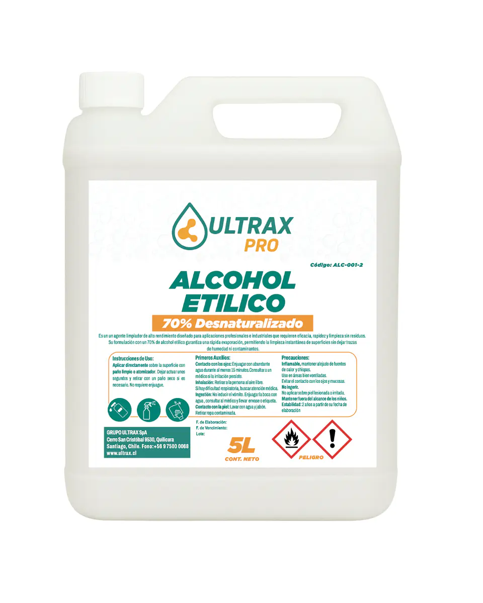 Alcohol Etílico Desnaturalizado 70% ULTRAX PRO 5L 1