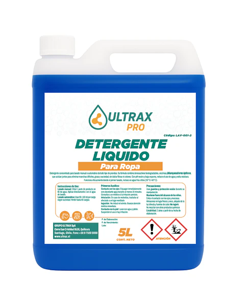 DETERGENTE LÍQUIDO DE ROPA CONCENTRADO ULTRAX PRO ENV 5L